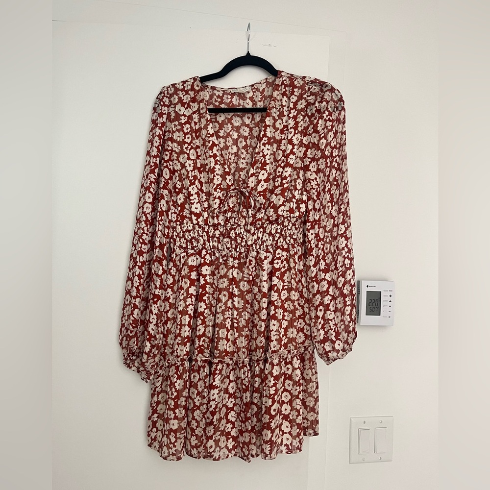 Rust Floral Tie-Front Long Sleeve Midi Dress